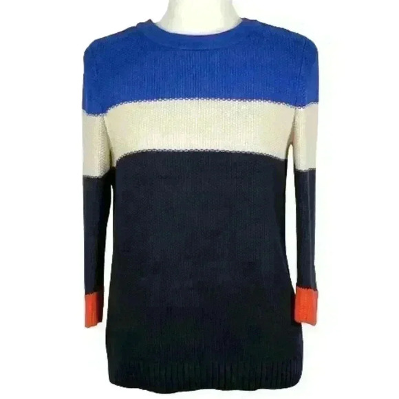 Talbots Knit Sweater 100% Cotton Quarter Sleeves Color Block Blue White Black - Picture 1 of 6